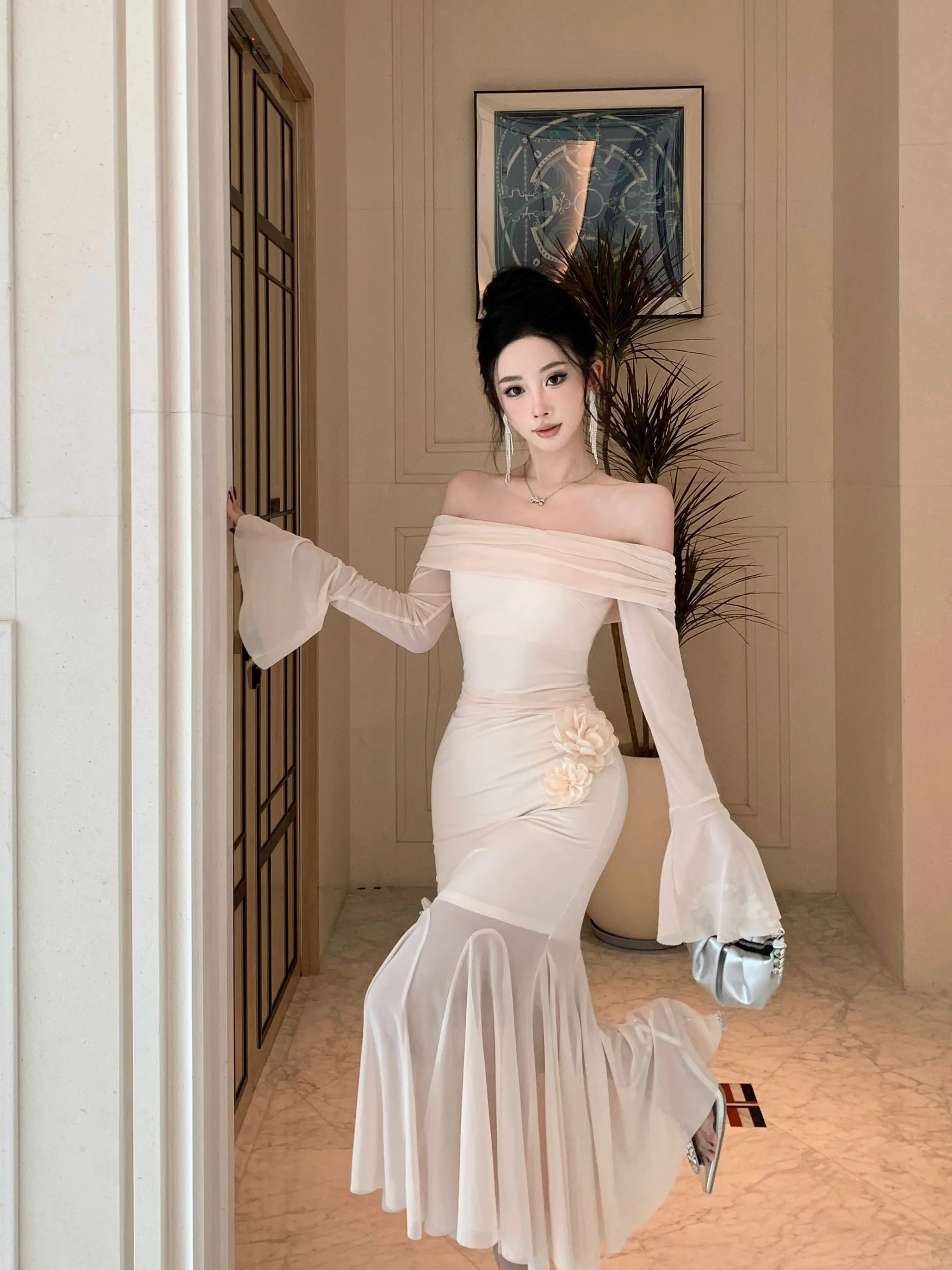 

Ele Lady Sle One oulder Faionable Bell Sve Dr Slimming Bodycon Skirt High Waist Long Sve Sexy Autumn Winte...