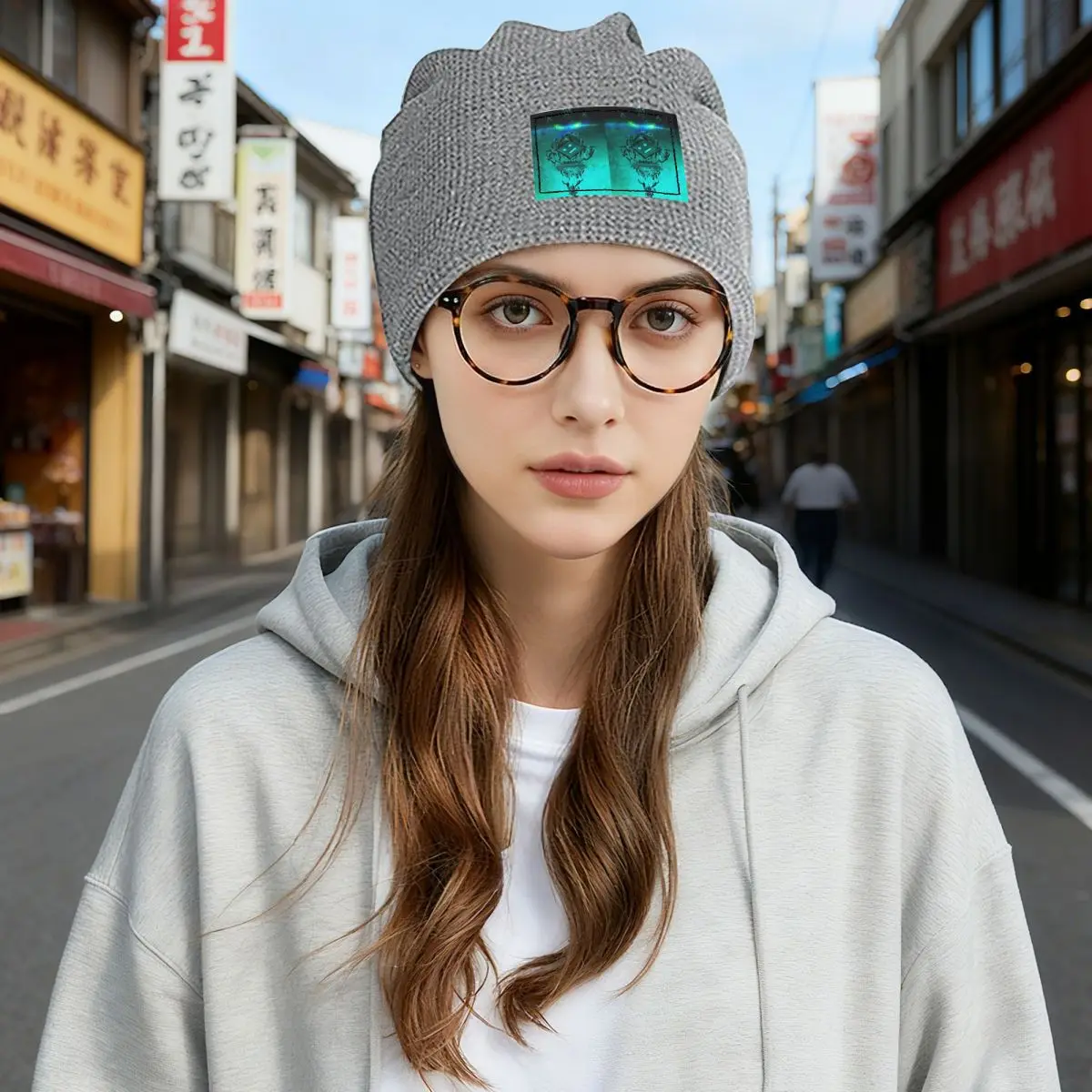 Video Game Geometry Dash Waffle Knit Fleece Lined Beanie with PU Leather Patch Unisex Warm Winter Soft Cap