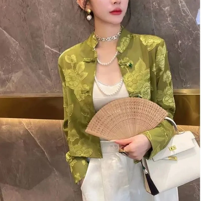 Summer New Stand Collar Fashion Long Sleeve Shirt Women High Street Button Patchwork Cardigan Vintage Elegant Jacquard Weave Top