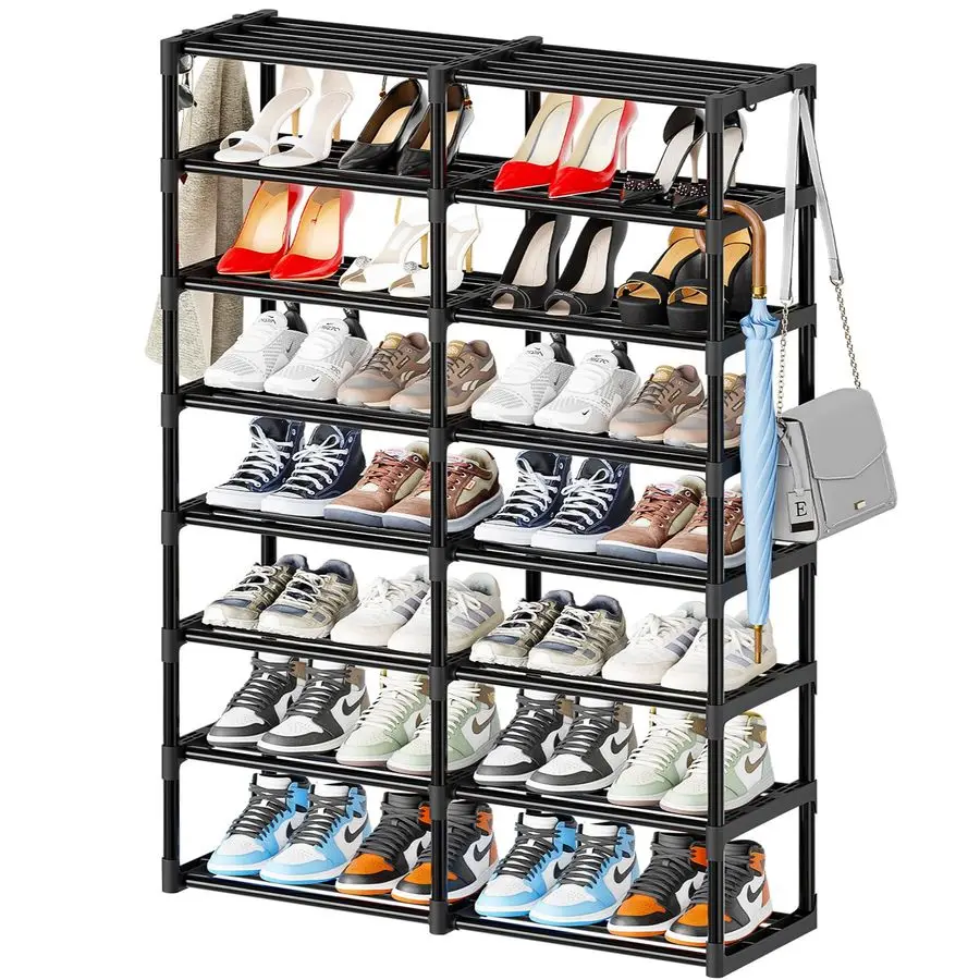 

8 Tier Large Metal Shoe Rack Organizer with Hooks, Large Capacity 40 Pairs Sturdy Shoe Boot Storage, Black