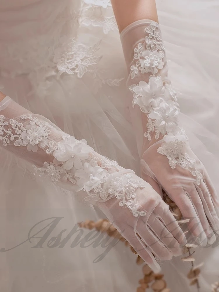 Neue Ankunft Design Hochzeit Handschuhe Blume Applique Ellenbogen Länge Volle Finger Frauen Prom Party Abend Handschuh Braut Braut Zubehör