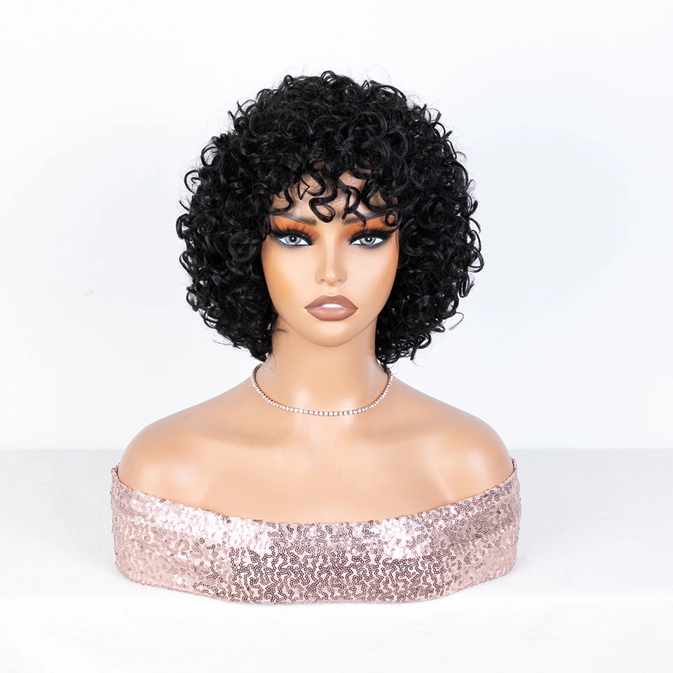 Pelucas de cabello humano brasileño rizado para mujeres negras, pelo corto elegante 100% Remy, Onda de agua de 10 pulgadas, color negro Natural