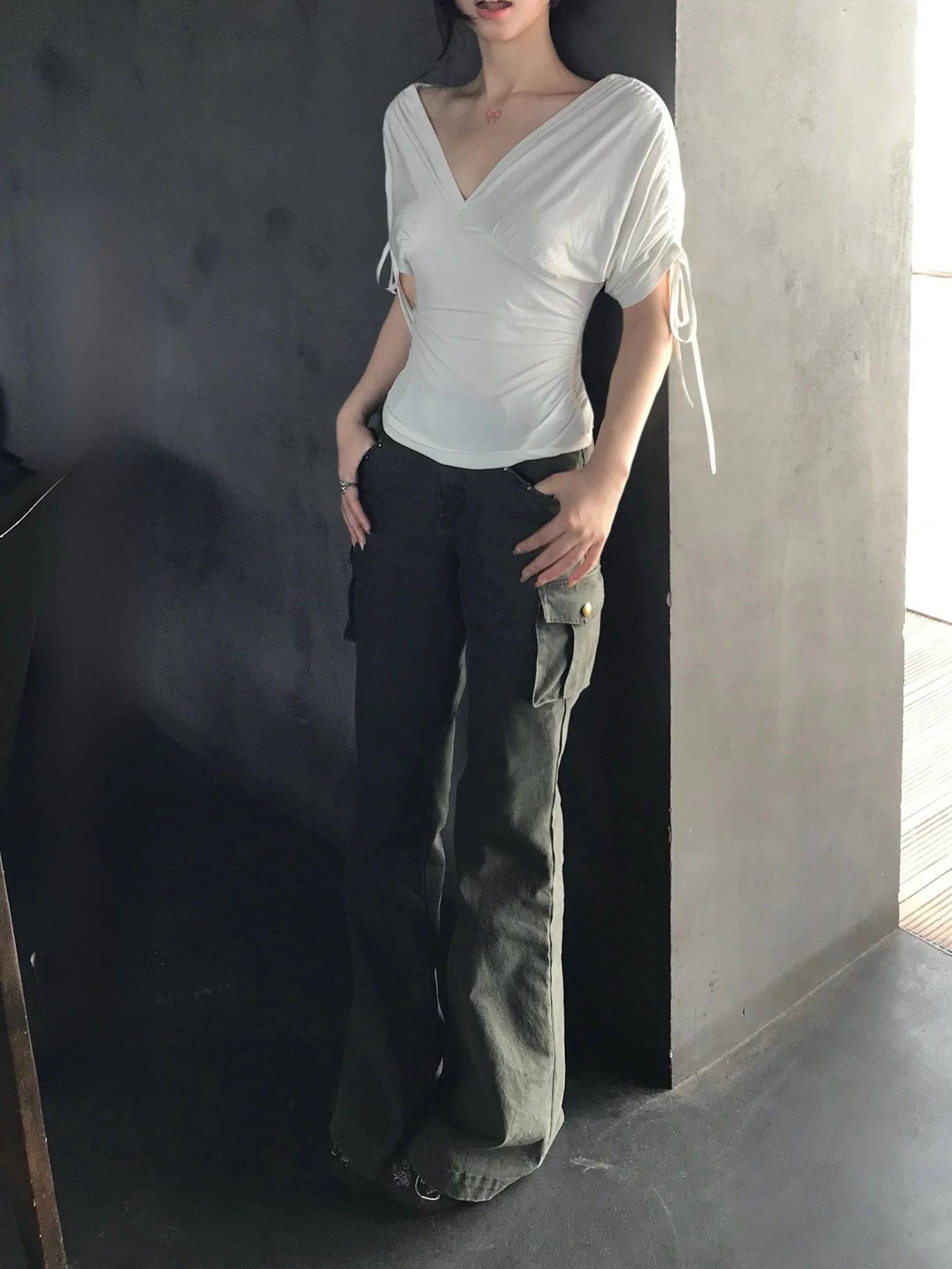 

eepland Vintage Waed Rivet Work Pants Women Early Autumn Loose Slimming Casual Flared Leg Cotton Work Trousers