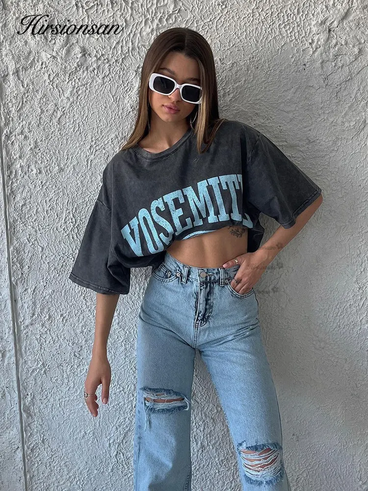 Hirsionsan Y2k Quality Oversized Acid Washed T Shirt Women Vintage Print T-shirts Streetwear Wash Tee Girl Luxury Brand Tops