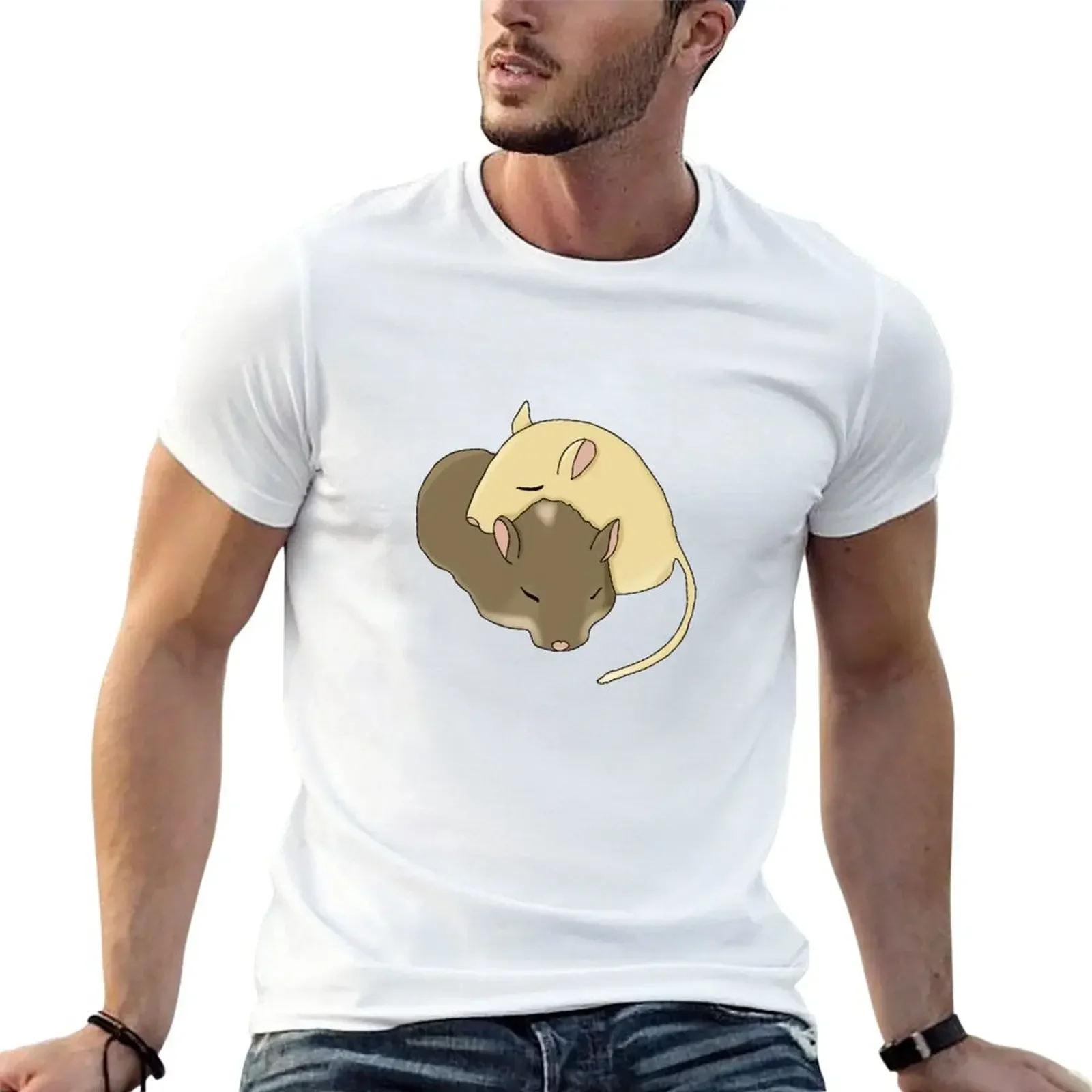 Two cute gerbils snuggled sleeping T-Shirt rapper graphic tees new edition vintage graphic tee anime Men's cotton t-shirt