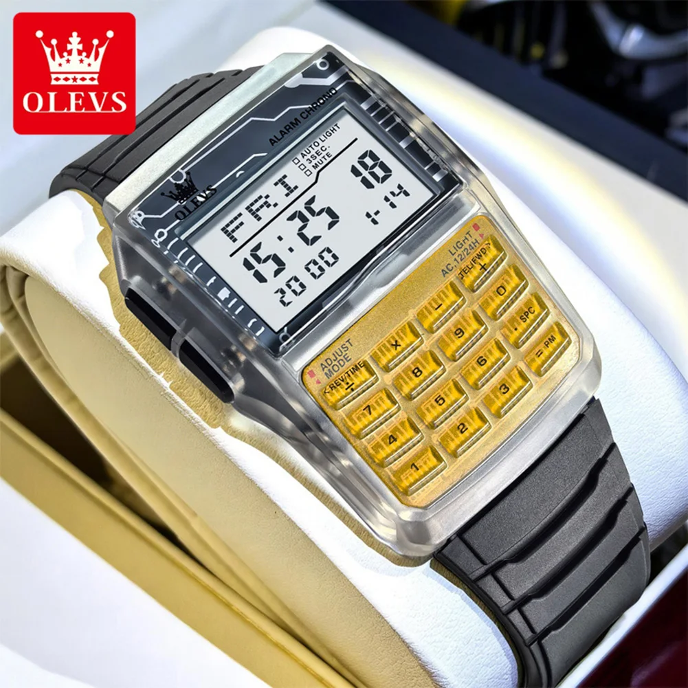 OLEVS New Men's Watch Silicone Strap Personalized Retro Electronic Calculator Man Watch Alarm Chronograph Quartz Watches for Men