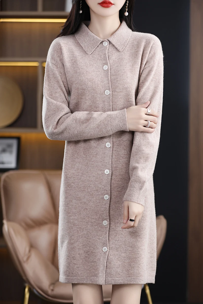 

100% Pure Wool Knitted Women Sweater Spring Autumn New Long Coats Female Cardigan Long Sleeve Turn-Down Collar Jumper Jacket Top