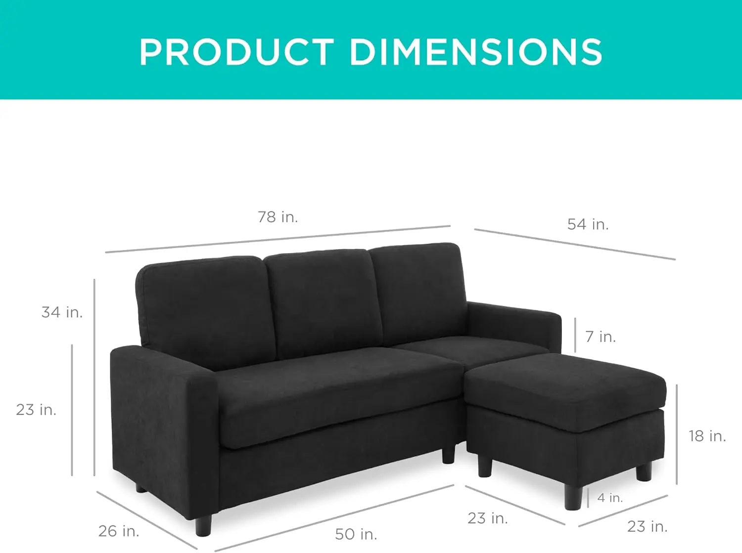 Upholstered Sectional Sofa for Home, Apartment, Dorm, Bonus Room, Compact Spaces w/Chaise Lounge, 3-Seat