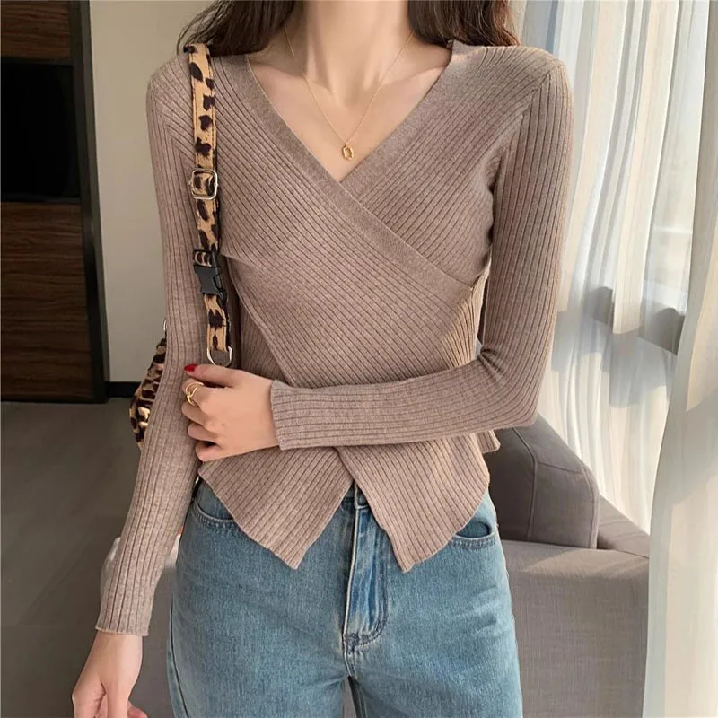 Women Clothing Fashion Chic V-Neck Knitted Top Spring Autumn Crossover Design Knitwear Office Lady Commute Soft Comfort Pullover