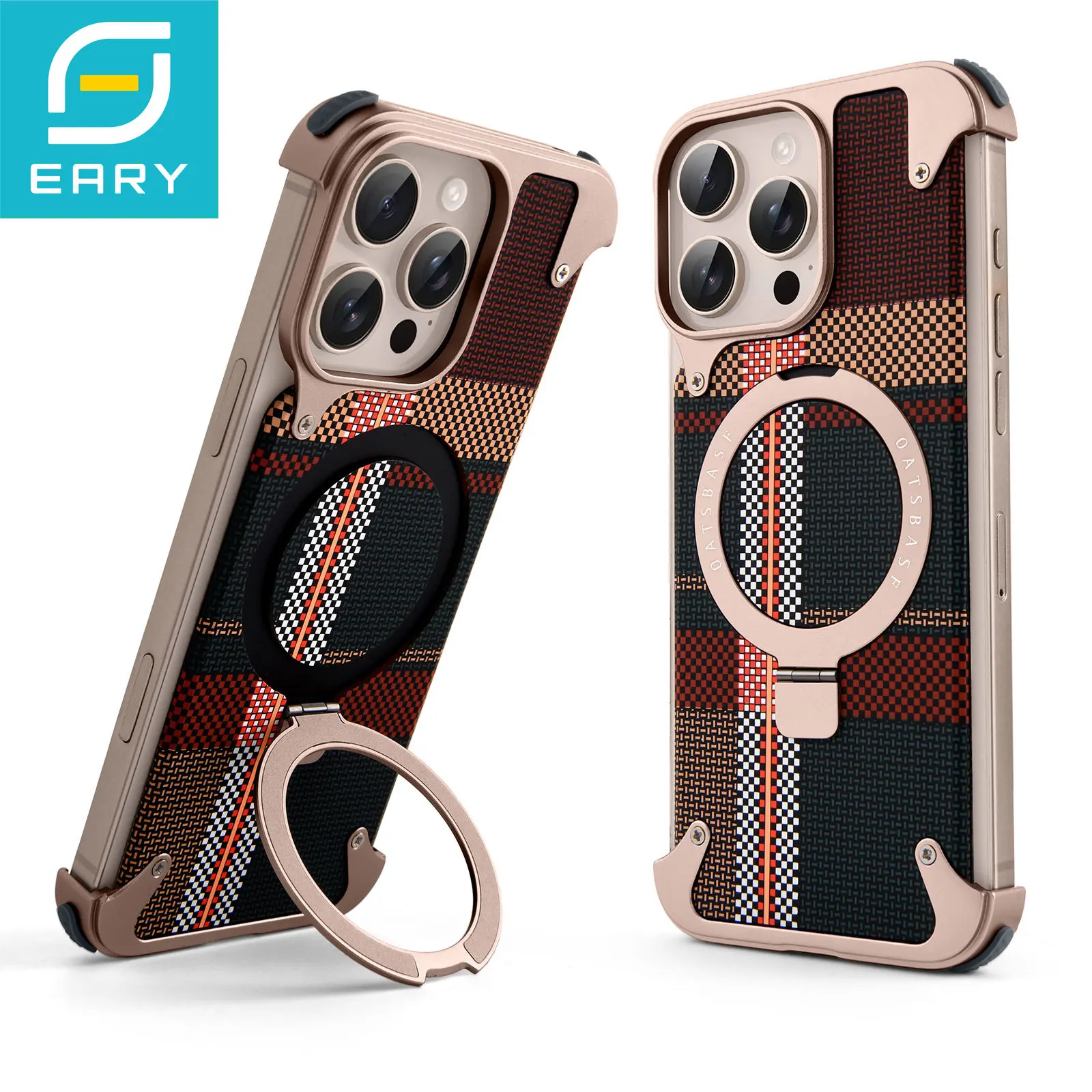 

Eary for iPhone 16 Pro Max Metal Phone Case With Magsafe Stand Magnetic Carbon Fiber Textured Cover Frameless Shockproof Bumper