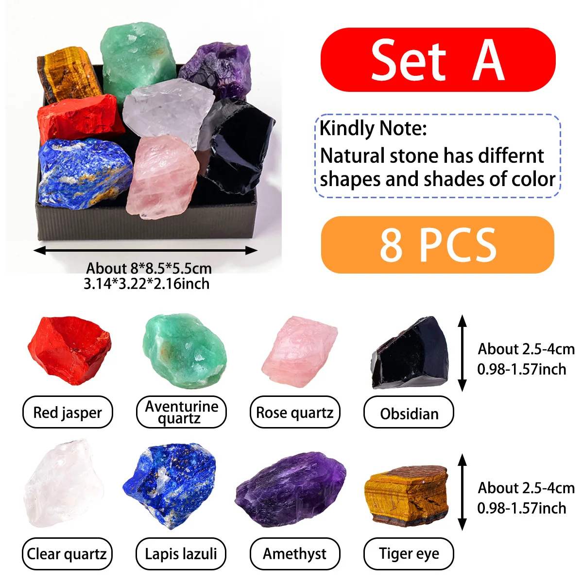 Ensemble d'échantillons de pierres brutes en cristal naturel, 8 pièces/ensemble, cristal minéral, cadeau pour enfants, pour l'apprentissage éducatif, décoration de la maison