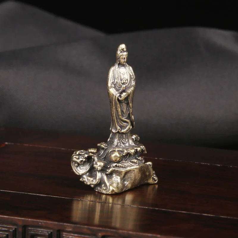 CH Brass Compassionate Guanyin Statue Desktop Ornament Religious Worship Bodhisattva Statue Literary and Bronze Artifacts
