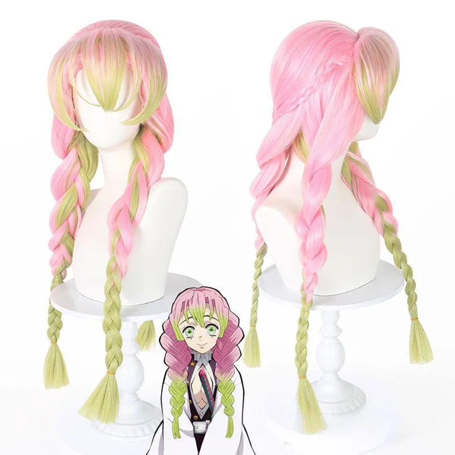Anime Mitsuri Kanroji Cosplay Synthetic Wig Long Pink Green Braid Heat Resistant Hair Authentic Cosplay Wigs view 3