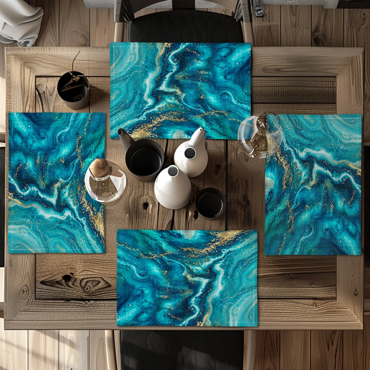 Ocean Themed Polyester Placemats, Set of 4 - Decorative Table Mats with Underwater Creature Pattern for Home Dining Table