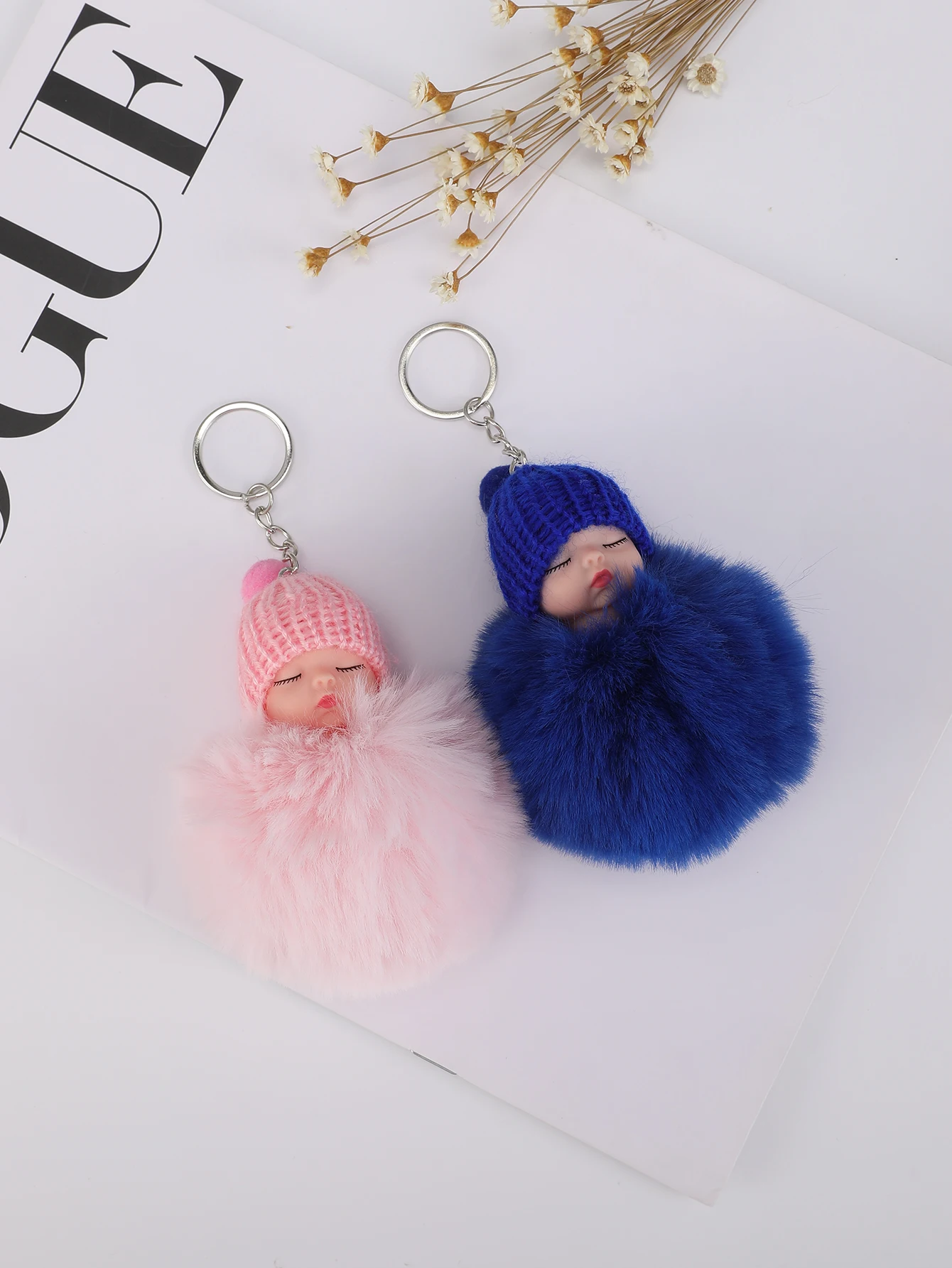 8pcs Sleeping Doll Fur Ball key Chain Men And Women Fashion Mobile Phone Car plush Doll Bag Accessories Pendant, Holiday Gift