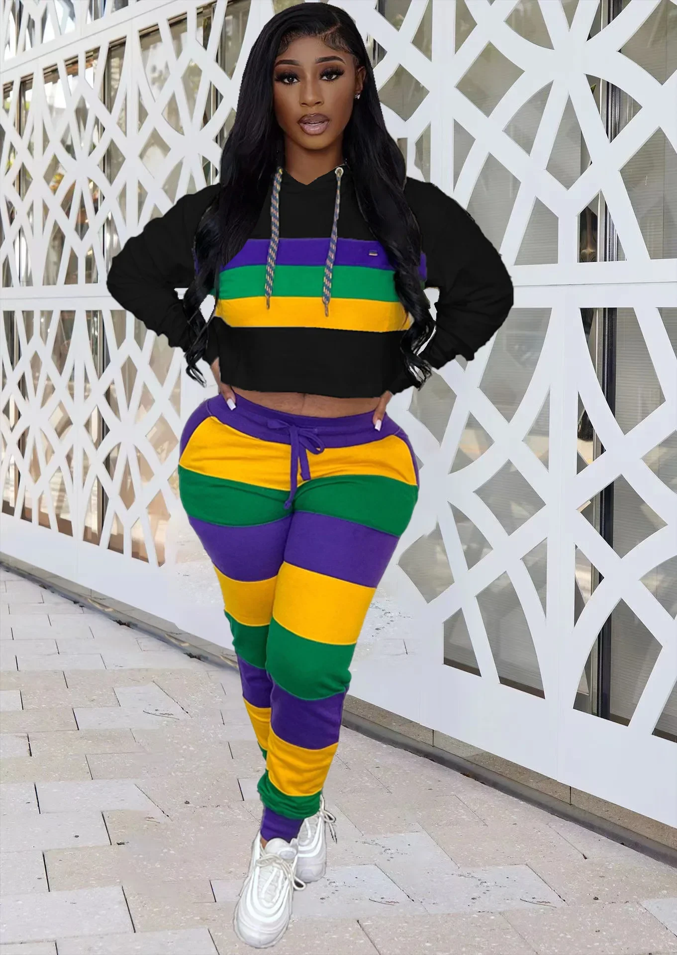 

Striped Patchwork Women's Set Long Sleeve T-shirt and Jogger Pants Suit 2025 Active INS Two 2 Piece Set Outfit Tracksuit