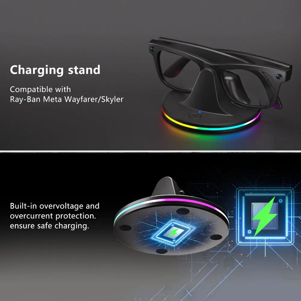 

Док-станция для зарядки умных очков с RGB-подсветкой, стабильная, противоскользящая, портативная, для RayBan Meta Wayfarer/Headliner/Skyler/HSTN