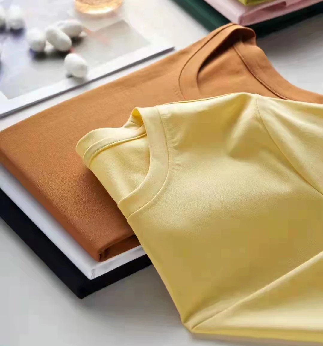 Summer High Quality Pure Mercerized Cotton T-shirts Women's Loose Round Neck Short Sleeve Tees Female T Shirt Solid Color Tops