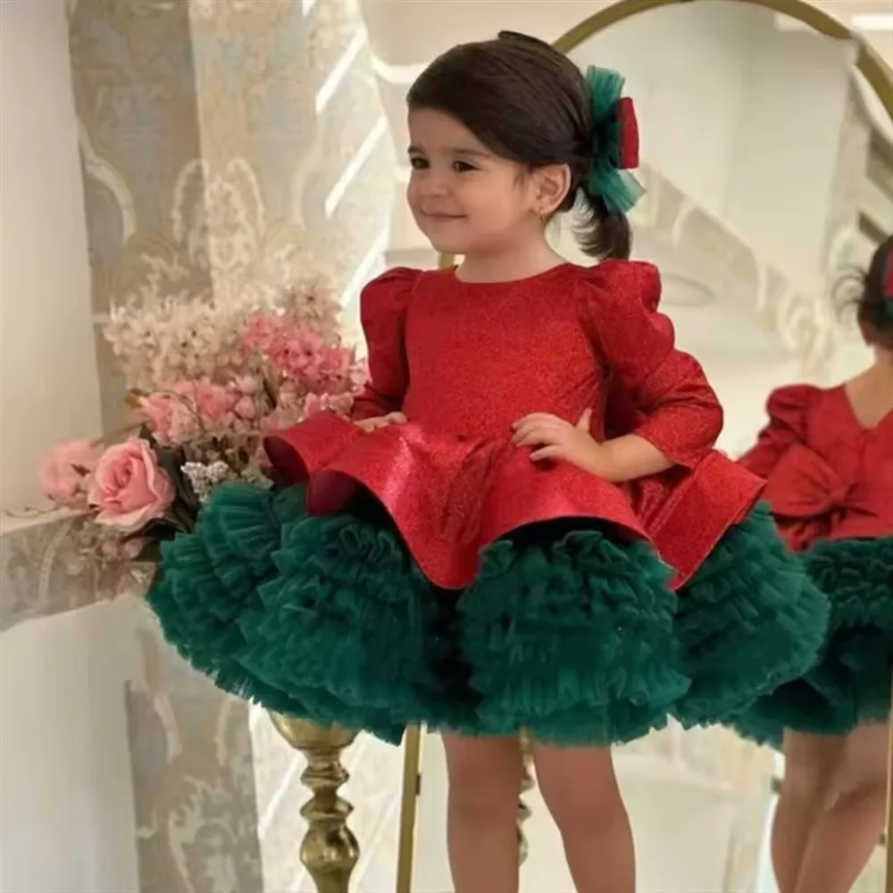 Custom Elegant Christmas Flower Girl Dress Long Sleeve Bow Multi-Layer Cute Princess Children's Birthday Holiday Dress