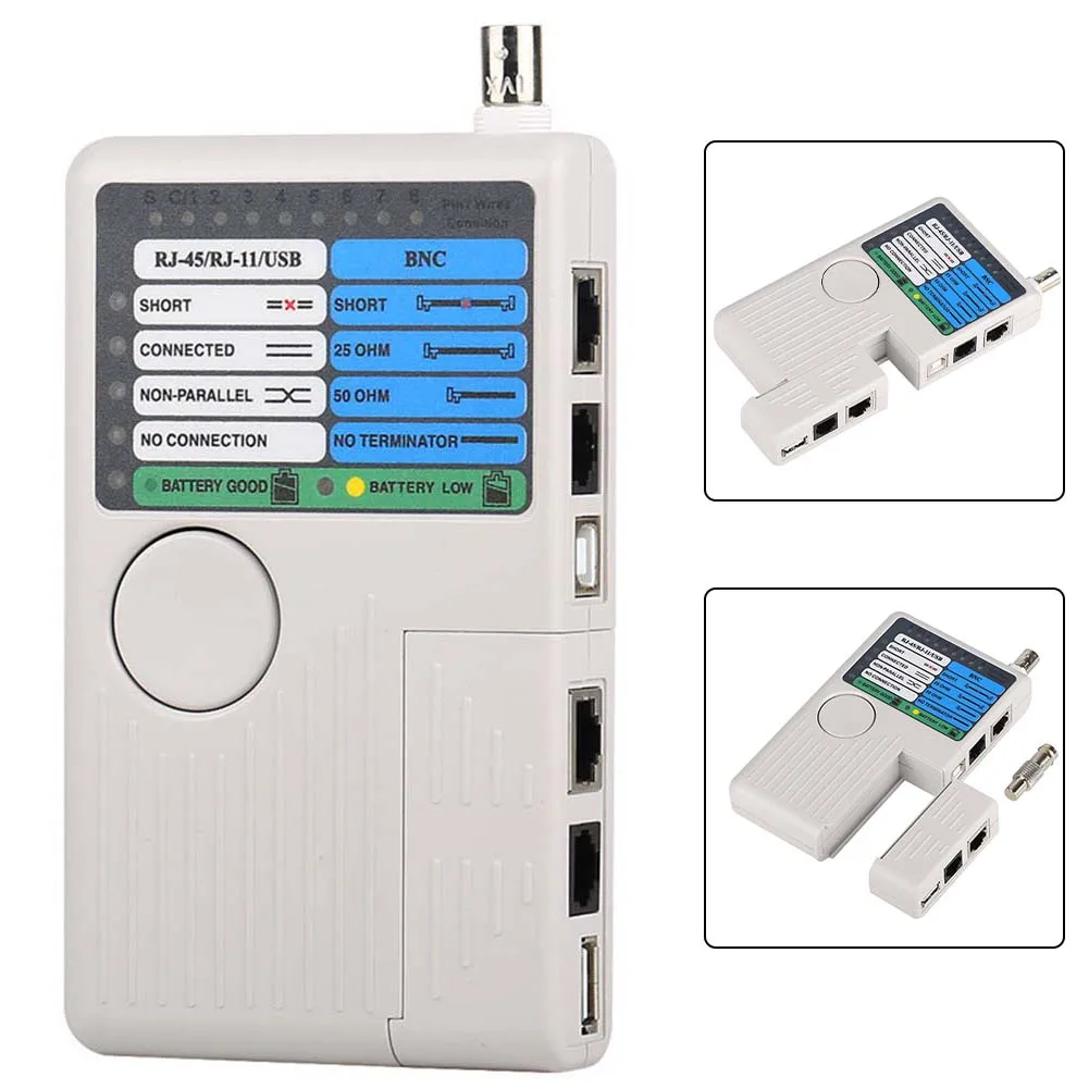 أداة اختبار كابل الشبكة لعملية الاختبار السريع RJ45 RJ11 USB وBNC مع مؤشرات خطأ LED وجرس