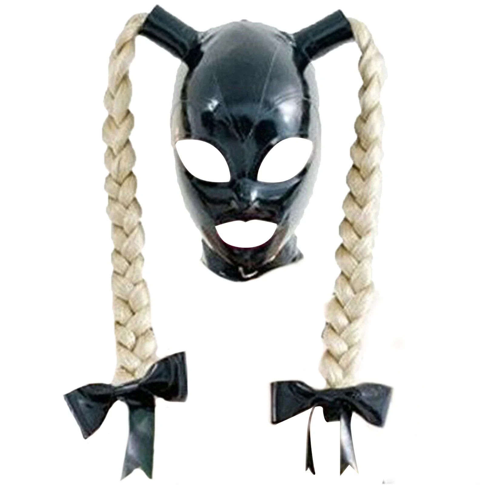 Black Latex Hood Mask with Braid Wig Bow Open Eyes Mouth Cover for Party Night Club Unisex Men Women Role Playing Face Mask
