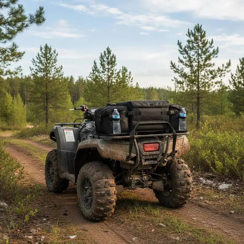 ATV Back Cargo Carrier 50L For Trail Riding Mudding Off-Roading, Padded Seat Pad Dual Cup Holders 600D Oxford Fabric Universal Mounting Straps Rear Rack Compatible Multi-Purpose Storage Solution Utility Vehicle Accessory