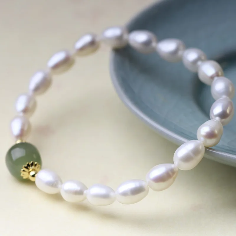 

Natural Freshwater Pearl Bracelet Minimalist Style Hetian Jade Bead Baroque Single Loop Bracelet Gifts