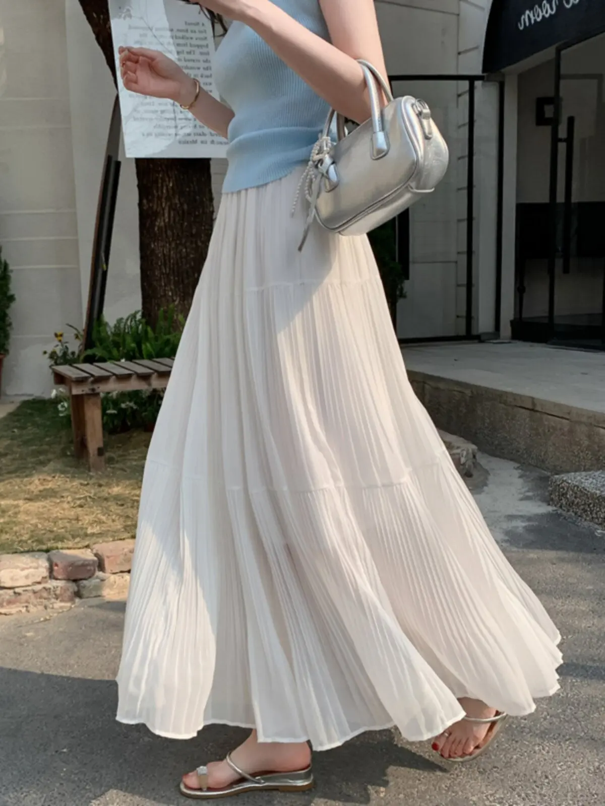 plus Size Women's White A-Line Skirt Summer Thin High Waist Flared Skirt Sheer Chiffon Casual High Waist Midi Skirt