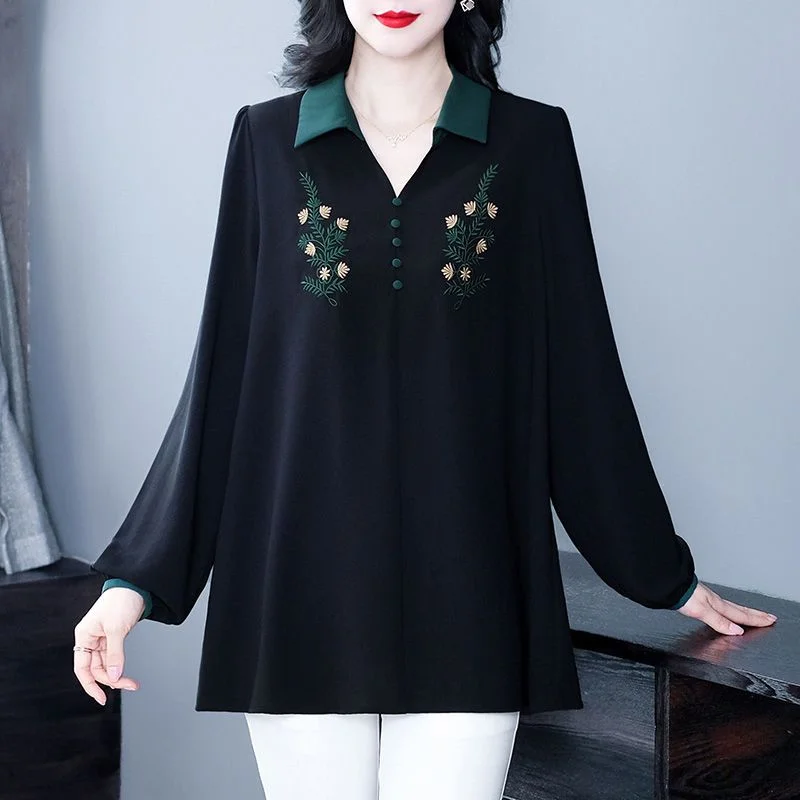

Large Size Shirt for Women New Embroidered Age-reducing Contrasting Color Long Sleeve Chinese Long Top