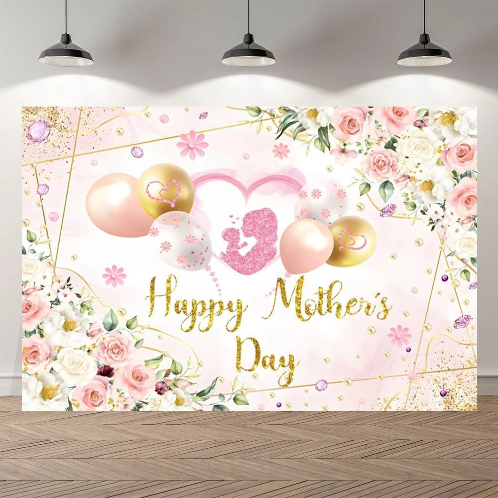 Mother’s Day Background Love Mom Family Party Pink Flower Love Heart Decoration Women's Portrait Custom Photography Backdrop