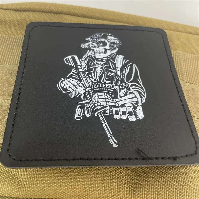 Skeleton Soldier with Gun Tactical Patches Leather Hook & Loop Military 