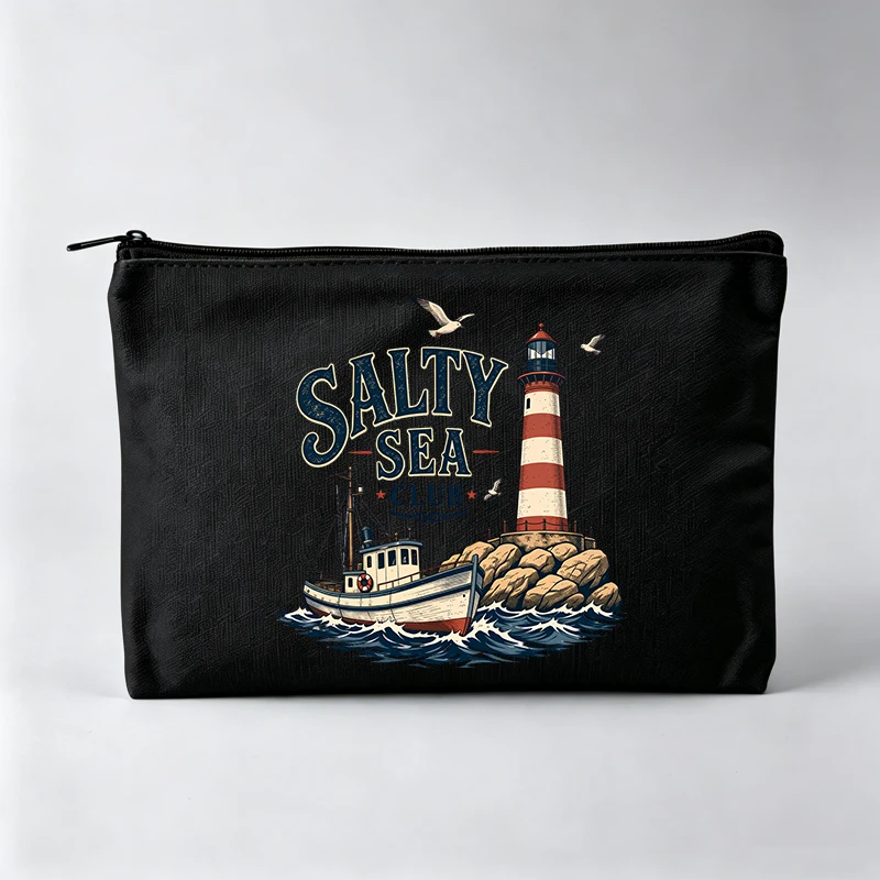 Women's Lighthouse and Boat Print Makeup Bag, Vintage Nautical Cosmetic Pouch for Daily Use