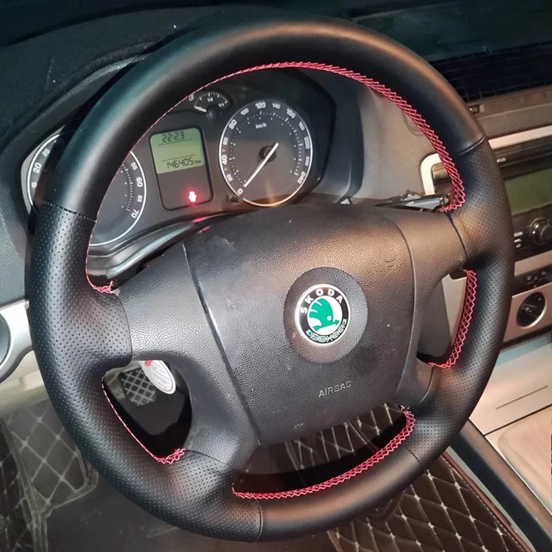 

Для Skoda Octavia 2005-2009 Fabia 2005-2010 ручная работа черный нескользящий чехол на руль из натуральной кожи