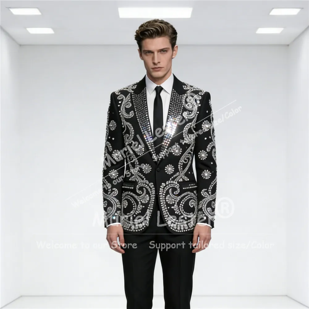 

Мужской костюм-тройка (пиджак, брюки, жилет) для свадьбы и выпускного вечера, однобортный, приталенный, с блестками и бисером, на заказ