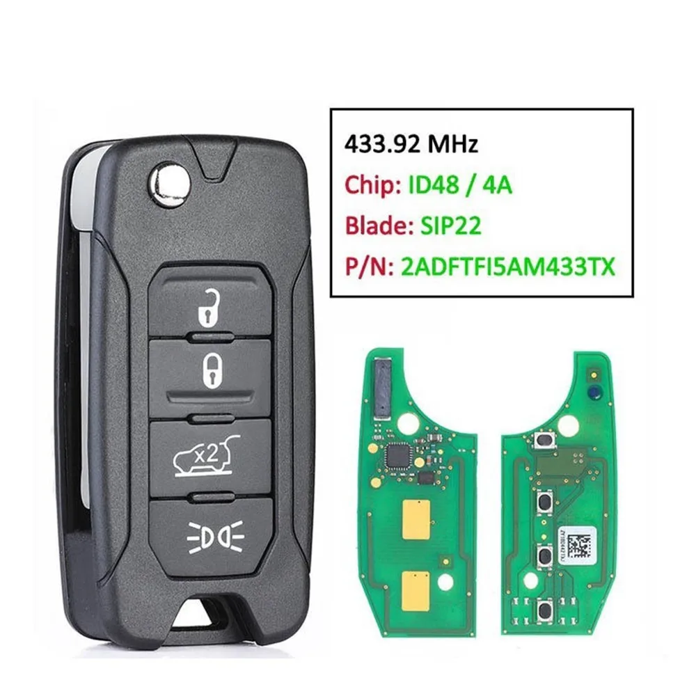 

4 Button Keyless Remote Flip Car Key 4A/48Chip 433.92MHz SIP22 Blade Auto For 2016-2018 Jeep Renegade RX2RKEL9 2ADFTFI5AM433TX
