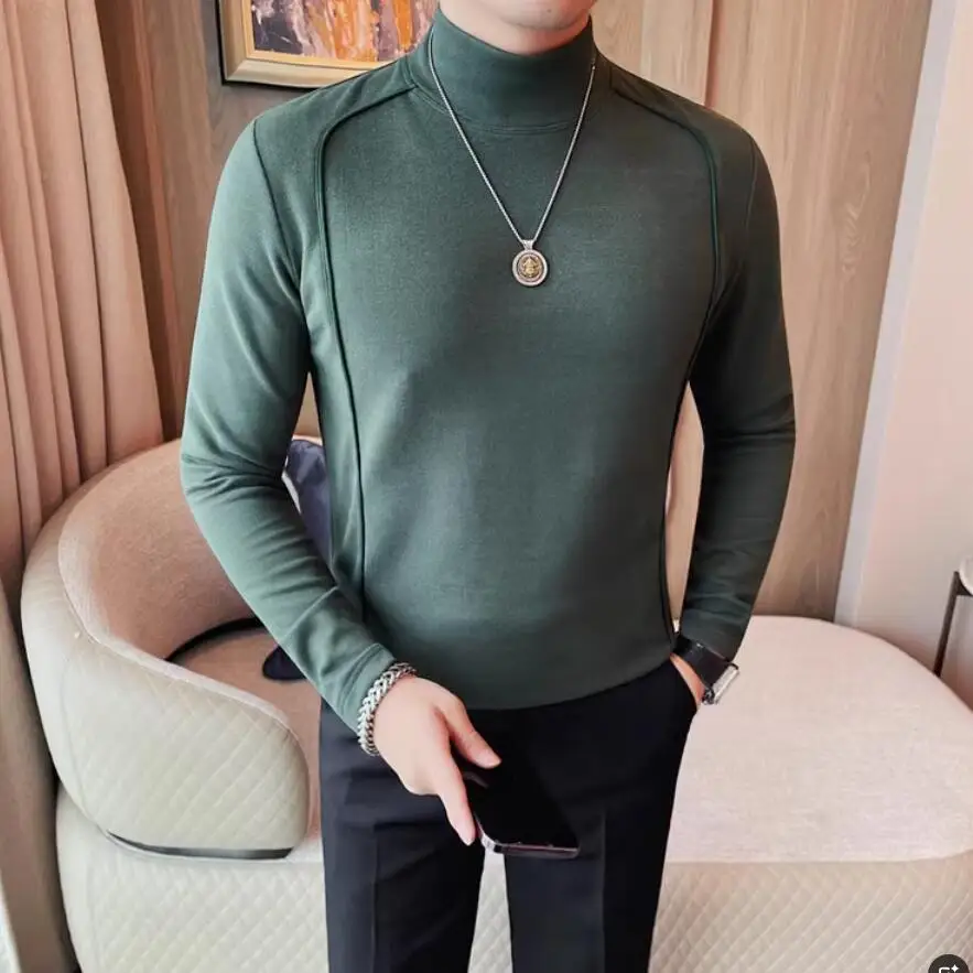 Winter Velvet T Shirt Men High Collar Warm Long Sleeve Tops Tees Slim FIt Thick Basic Clothing camiseta masculina