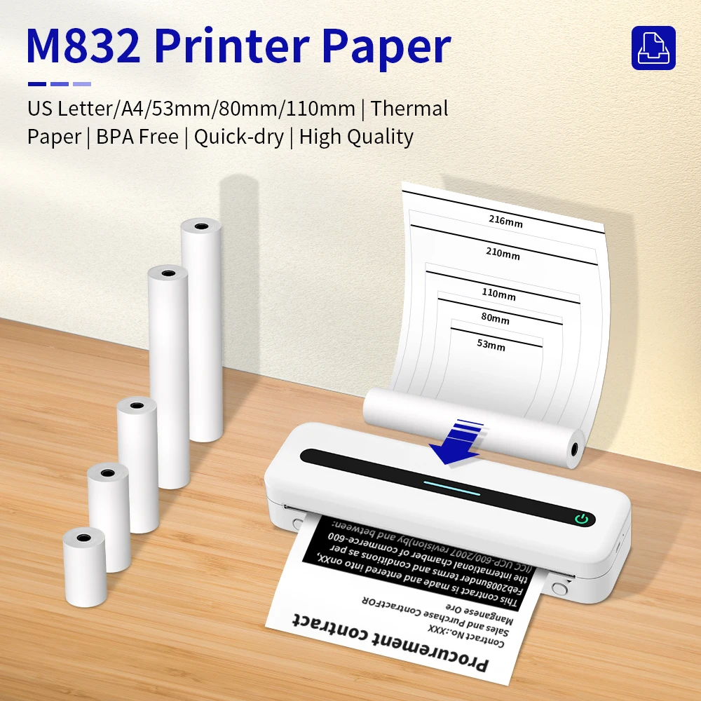 M832 Thermal Paper Roll A4 US-Letter 53mm 80mm 110mm BPA Free Quick-Dry for Phomemo M832 M835 M834 Thermal A4 Portable Printerr