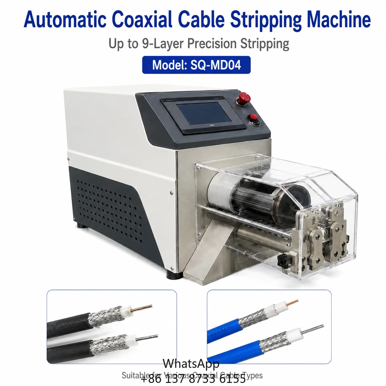 SQ-MD04 Automatic Coaxial Cable Stripping Machine 1.5-15 Mm Diameter 0.1-80 Mm Length 9 Layers 4 Blades 630W 24 Kg