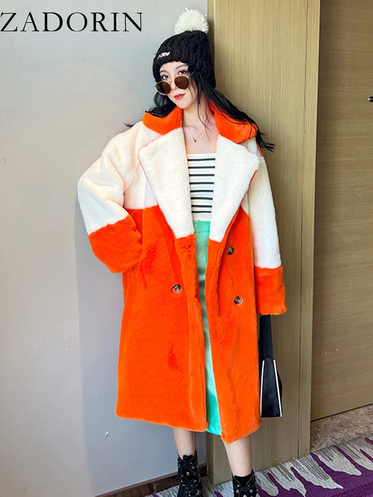 Zadorin Frauen Wintermantel pelzigen warmen langen Kunst kaninchen Pelzmantel Frauen Revers gespleißt weiß orange Kunst pelz Jacke Trenchcoat