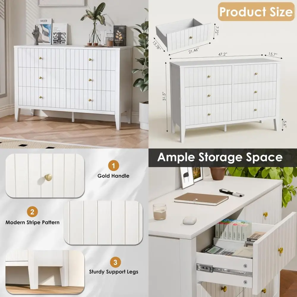 خزانة غرفة نوم حديثة مخددة ذات 6 أدراج، منظم خزانة تخزين واسعة مقاس 47 بوصة لغرفة المعيشة وغرفة البوفيه Meubles المتنقلة