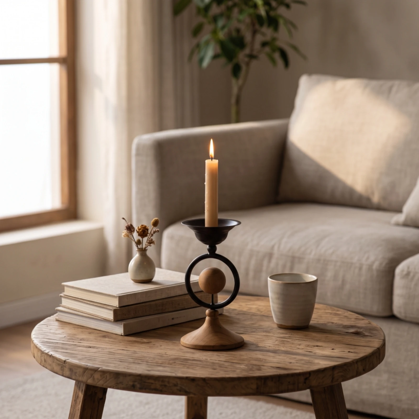 Candle Holder with Wood Base Tabletop Metal Candle Holder Candlestick Elegant Wabi-Sabi for Centerpiece, Living Room