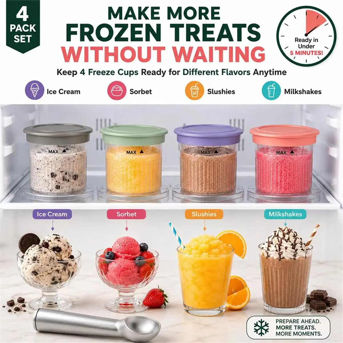 4 Pack Replacement Cups for FastFreeze MAX Ice Cream Maker Frost Cups Parts
