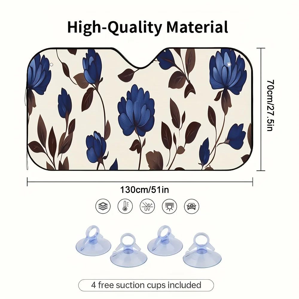 One Piece Of A Two-Dimensional Flat Blue Floral Vine Design Sunshade For – Fashionable And Collapsible, Helps Maintain A Cool Te