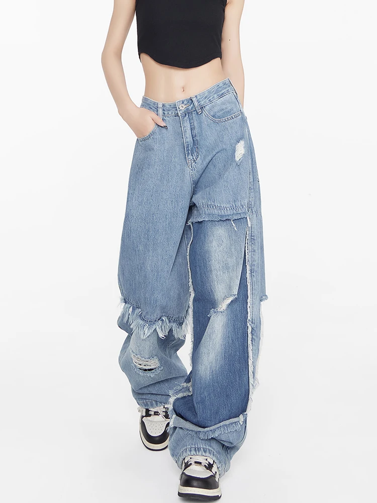 

Американские джинсы в стиле ретро с лоскутным узором, прямые, женские, весенние, новая модель, с высокой талией, широкие штанины, повседневные, синие джинсы