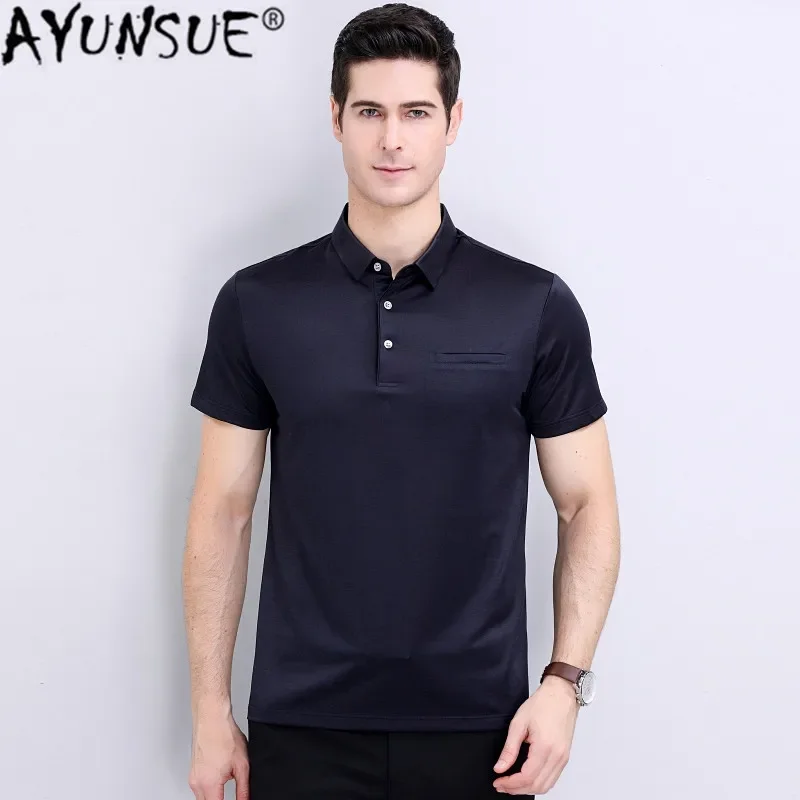 AYUNSUE 100%Silk Shirt Men Clothes 2020 Summer Polo Shirts Lapel Shirt Solid Color Polo Shirts Short Sleeve Shirt PWX12