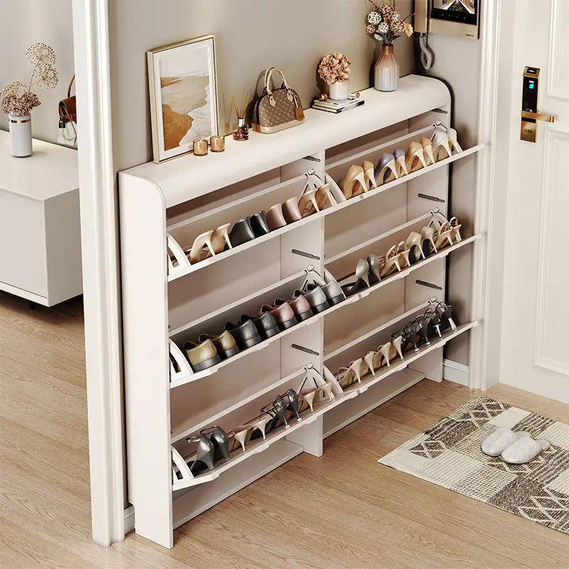 Cream wind ultra-thin flip bucket shoe cabinet, large capacity shoe rack for household entrance,and entrance cabinet