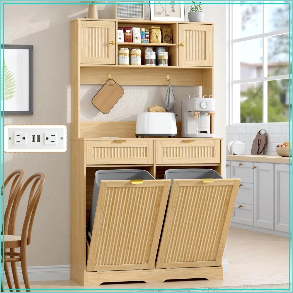 2 x 13 Gallons Double Tilt Out Trash Cabinet with Power Outlet, Natural Oak