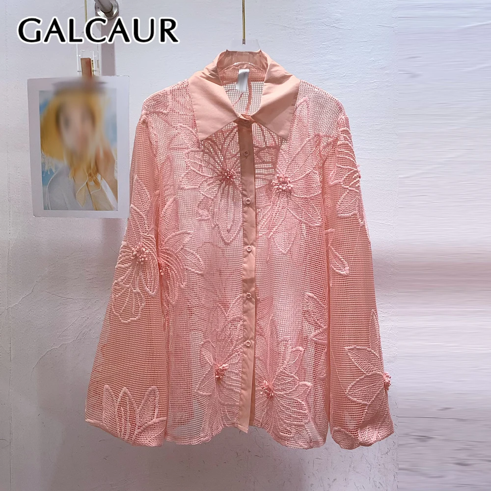 

GALCAUR Solid Spliced Lace Chic Shirt Female Lapel Long Sleeve Loose Streetwear Sheer Women's Shirts Autumn Fashion New Style