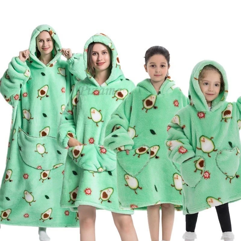 Oversize Winter Sherpa Blanket Plush Polar Fleece Family Matching Hoodie Girl Sweatshirt Homewear Avocado Animal Print Outwear