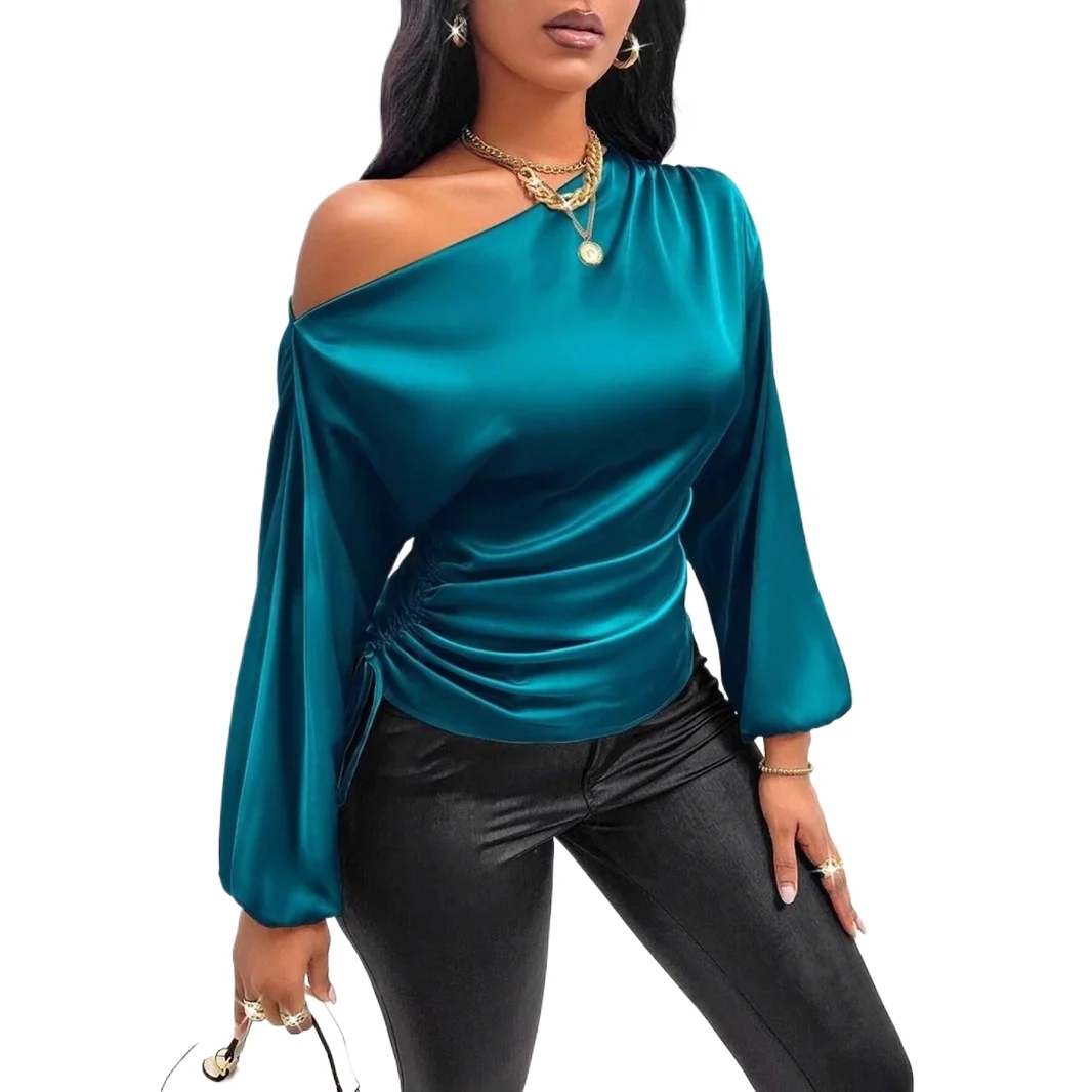 

Autumn Winter Temperament Slant Shoulder Long Sleeve Sexy Open Shoulder Loose Slant Collar Design Blouse